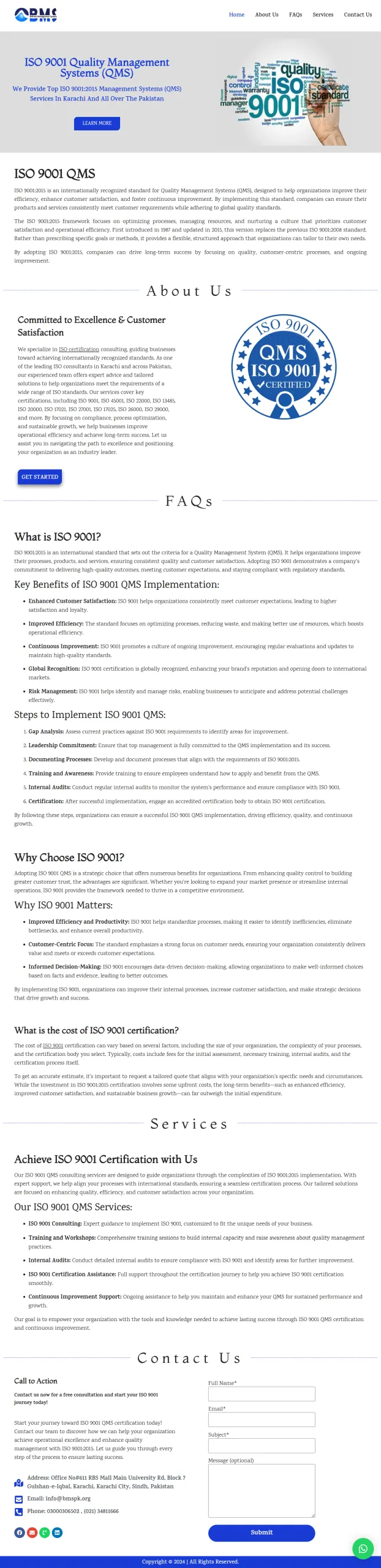 QMS ISO 9001 - ISO 9001 Certification Landing Page (website screenshot)