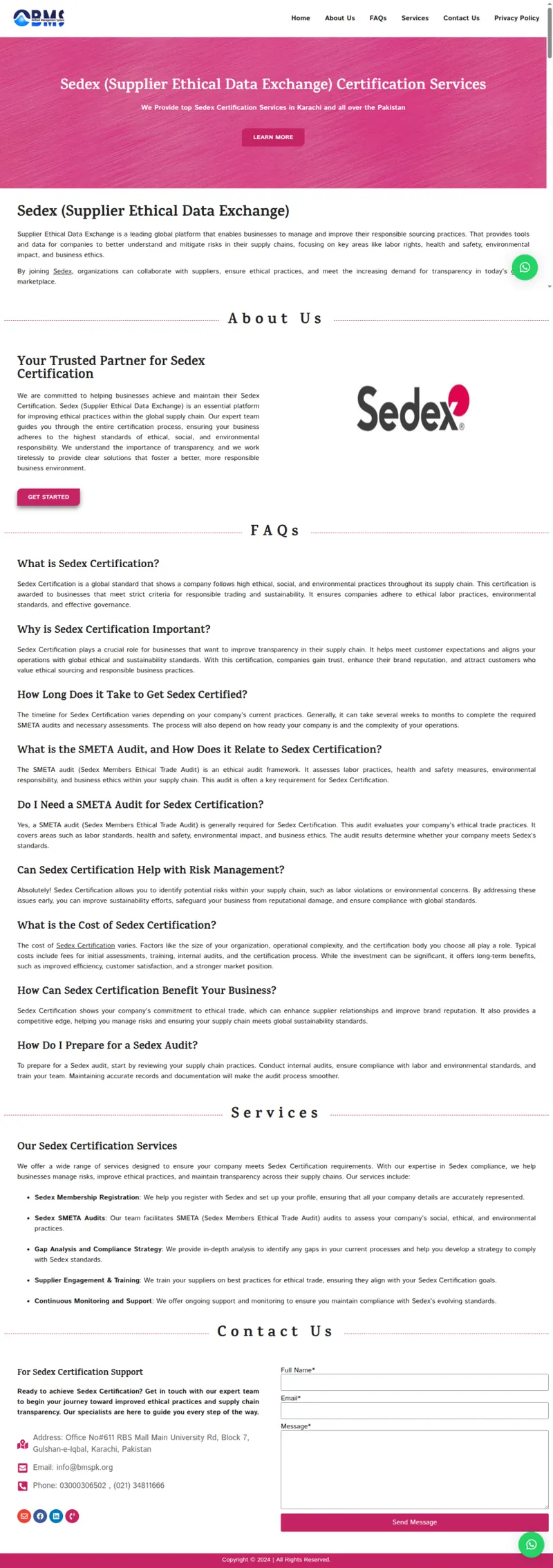 Sedex Certification - Sedex Certification Landing Page (website screenshot)